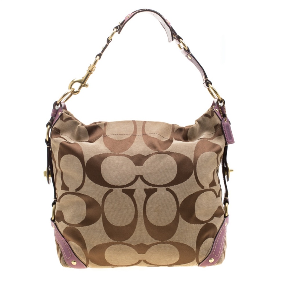 VINTAGE COACH CARLY HOBO BAG IN SIGNATURE CANVAS WITH HARDWARE ACCENTS